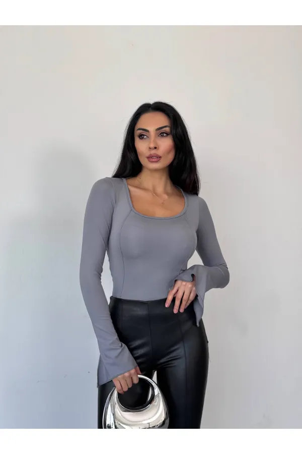 Kadın Gri Uzun Kollu Arkası Bağlamalı Fit Kesim Crop Bluz HZL25W-FRY122771