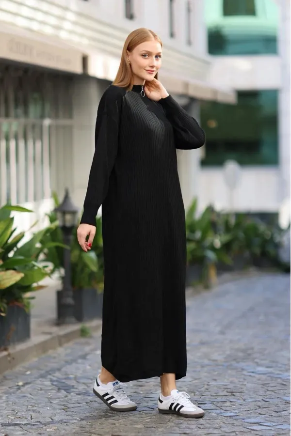 Robe longue noire en maille côtelée à col zippé pour femme HZL24W-BD1102271