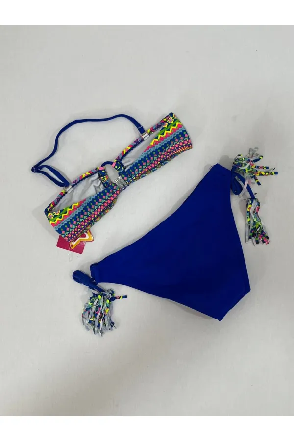Ensemble bikini triangle bleu à doublure multicolore pour fille, 4-12 ans, HZL24S-LC1904