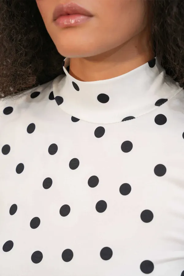 Women's White Satin Polka Dot Half Turtleneck Sleeveless Blouse HZL26S-BD1400141 Women's White Satin Polka Dot Half Turtleneck Sleeveless Blouse HZL26S-BD1400141