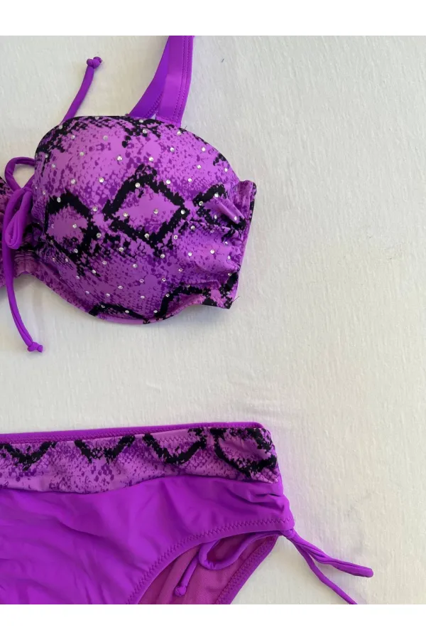 Kadın Lila Siyah Desenli Taş İşlemeli Toparlayıcı Bikini Takım HZL25S-LC3333