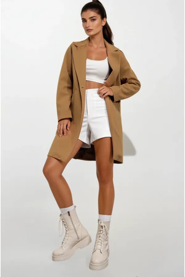 Kadın Hardal Tek Düğmeli Çift Cepli Astarlı Şık Kaşe Kaban HZL23W-BD190851