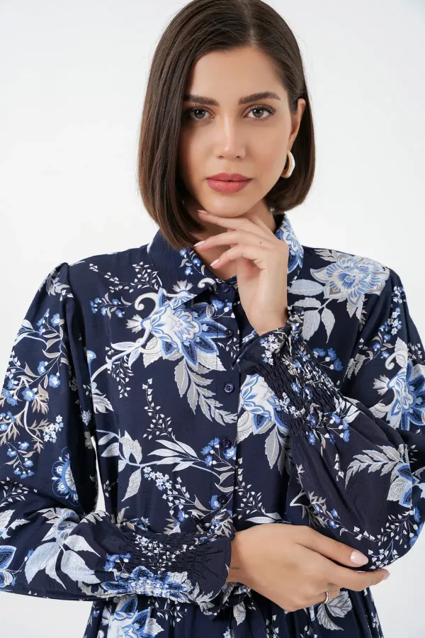 Kadın Kuşaklı Tesettür Elbise 2589 - Lacivert