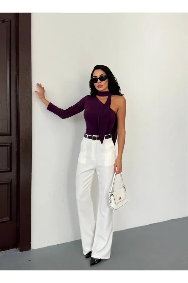 Kadın Mor Fularlı Sandy Kumaş Asimetrik Kesim Bluz HZL25S-FRY123371