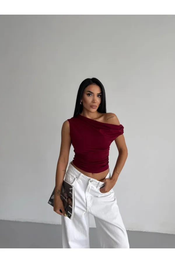 Kadın Bordo Yandan Drapeli Kayık Yaka Sandy Bluz HZL25S-FRY123201