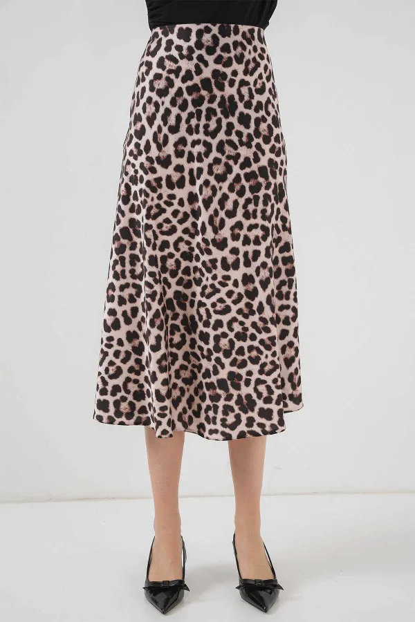 Kadın Vizon Leopar Desenli Saten Yüzeyli Beli Lastikli Midi Boy Etek Hzl23S-BD1101471