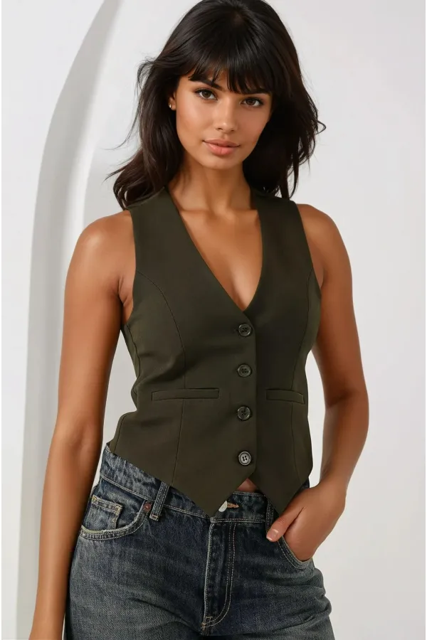 Kadın Haki Düğmeli Astarlı Yelek HZL25S-BD167961