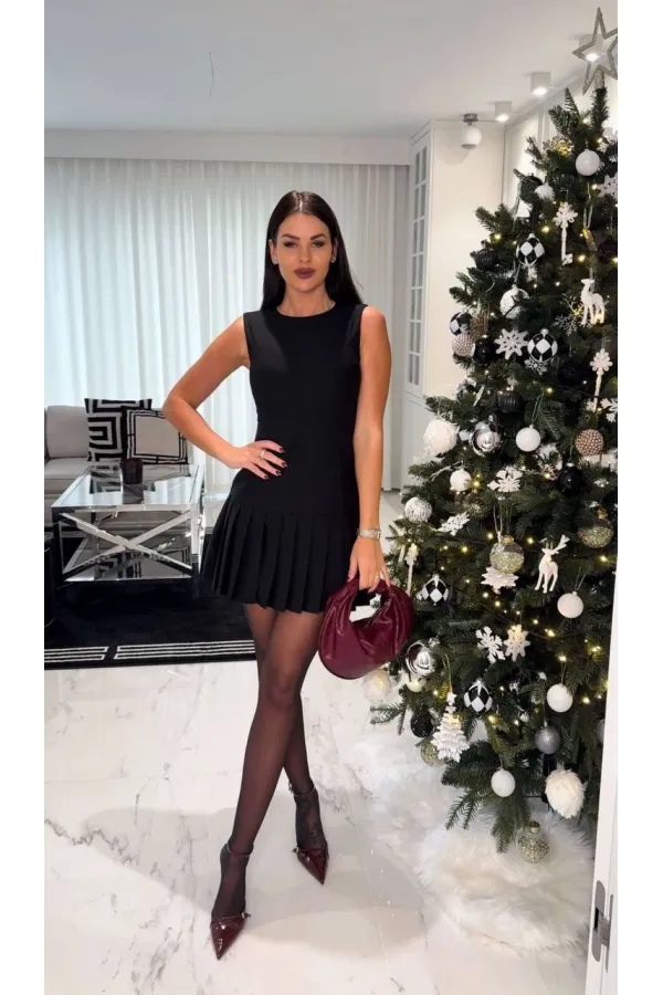 Kadın Siyah İthal Dooble Kumaş Kolsuz Elbise HZL25W-FRY122651