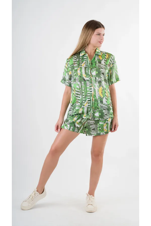 Kadın Yeşil Desenli Şort Gömlek Alt Üst Takım  HZL24S-YY226