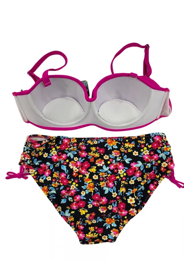 Kadın Fuşya Çiçek Desenli Taş İşlemeli Büyük Beden Astarlı Bikini Takım HZL25S-LC3312