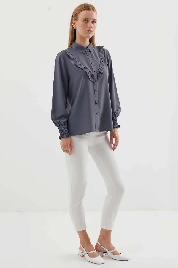 Kadın Gri Fırfır Detaylı Uzun Kollu Şık Gömlek HZL25W-BD1202231