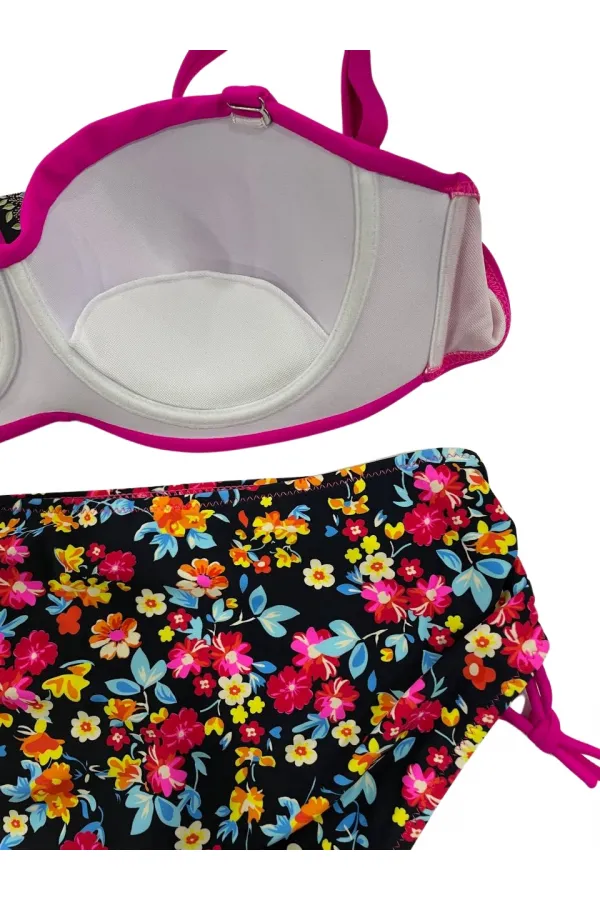 Kadın Fuşya Çiçek Desenli Taş İşlemeli Büyük Beden Astarlı Bikini Takım HZL25S-LC3312