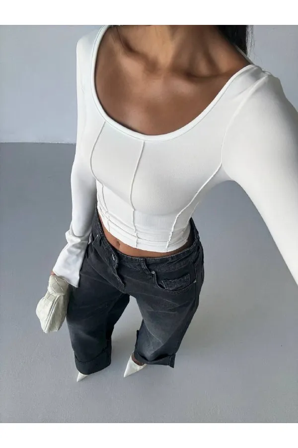 Kadın Beyaz Uzun Kollu Arkası Bağlamalı Fit Kesim Crop Bluz HZL25W-FRY122771