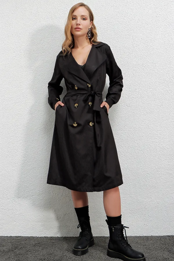 Trench-coat décontracté noir à double boutonnage pour femme, non doublé, avec ceinture, HZL22S-BD158531