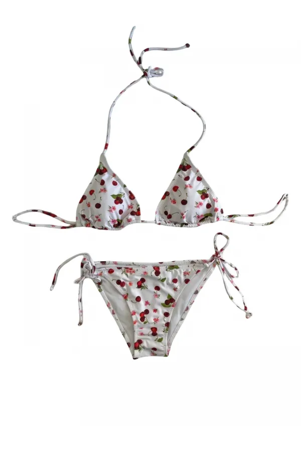 Ensemble bikini triangle dos nu à motif cerise blanche pour femme HZL25S-LC5005