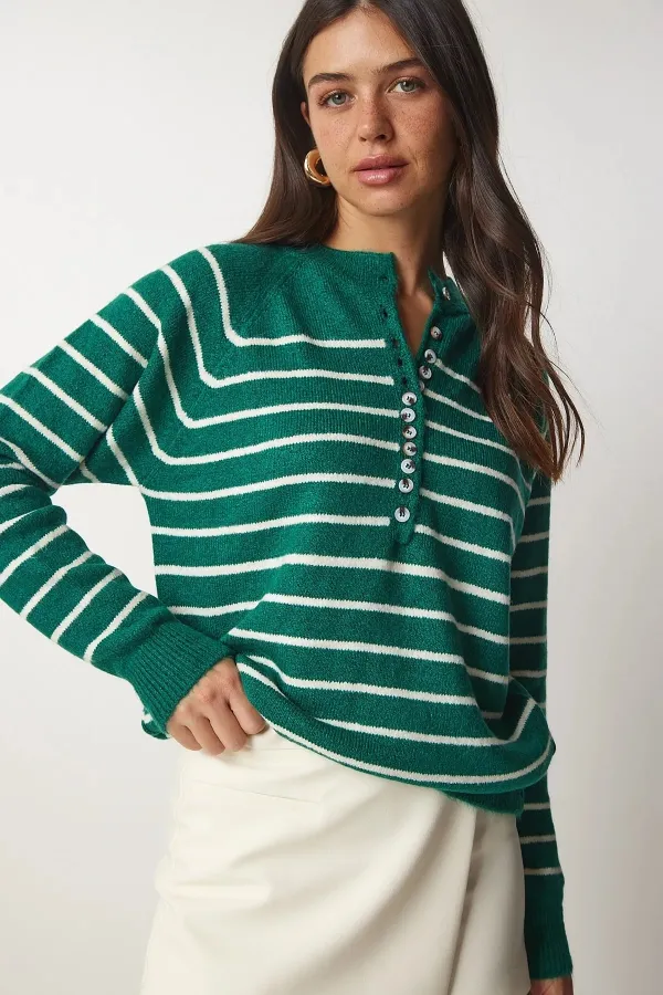 Pull rayé vert persan clair à manches ballon et col boutonné pour femme HZL23W-BD1101491
