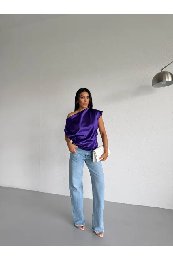 Kadın Mor Tek Omuz Asimetrik Kesim Saten Bluz HZL26W-FRY121171