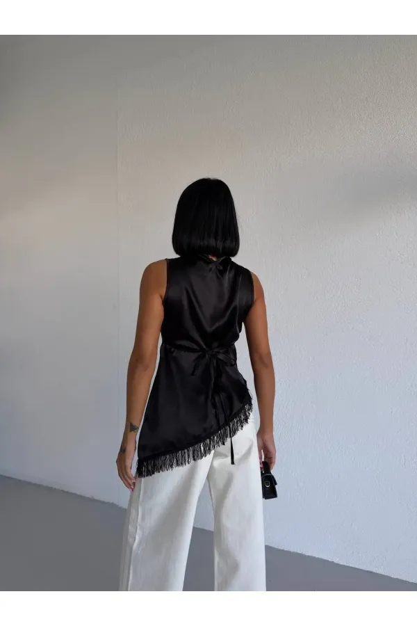 Women's Black Halter Neck Asymmetrical Cut Fringe Detail Satin Blouse HZL26S-FRY123911