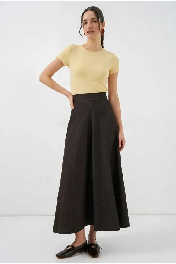 Kadın Kahverengi Yüksel Bel Uzun Jean Etek HZL26W-BD180661