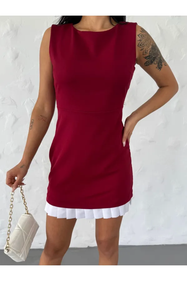 Kadın Bordo Beyaz Pileli İthal Dooble Kumaş Kolsuz Mini Elbise HZL25S-FRY122961