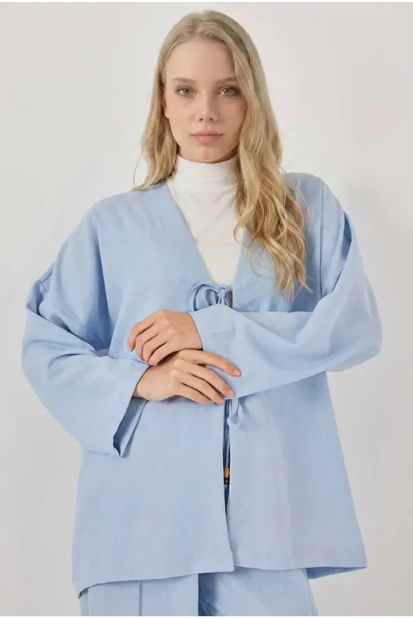 Kadın Açık Mavi Keten Bağlama Detaylı Kimono Pantolon İkili Takım HZL26S-BD167271