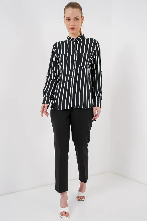 Chemise rayée à manches longues pour femme 20283 - Noire
