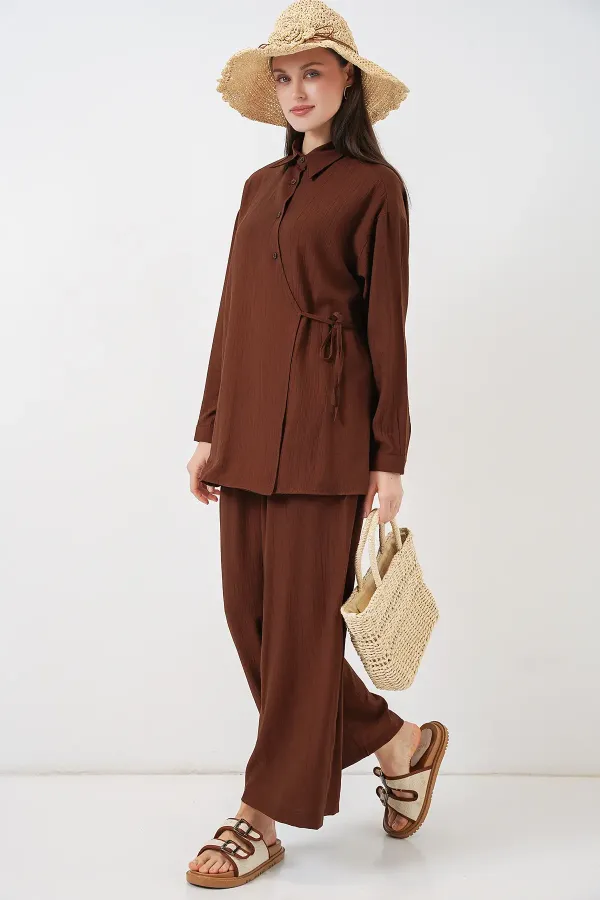 Ensemble deux pièces tunique et pantalon à lacets pour femme 6752 - Marron