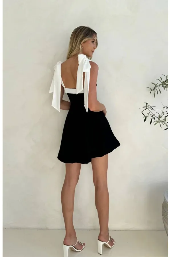 Women's Black and White Detailed Strappy Mini Dress HZL24S-FRY122001