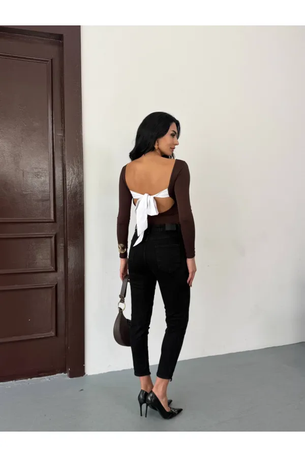 Kadın Kahverengi Sırtı Açık Fiyonk Bağlamalı Uzun Kol Bluz HZL25W-FRY123661