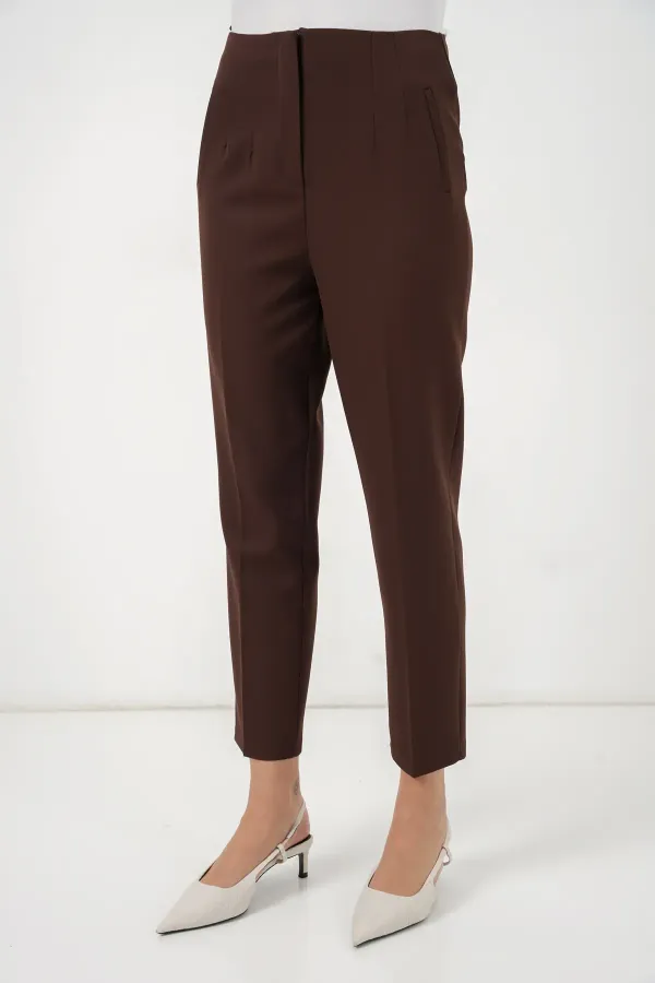 Pantalon en tissu taille haute 6650 - Marron