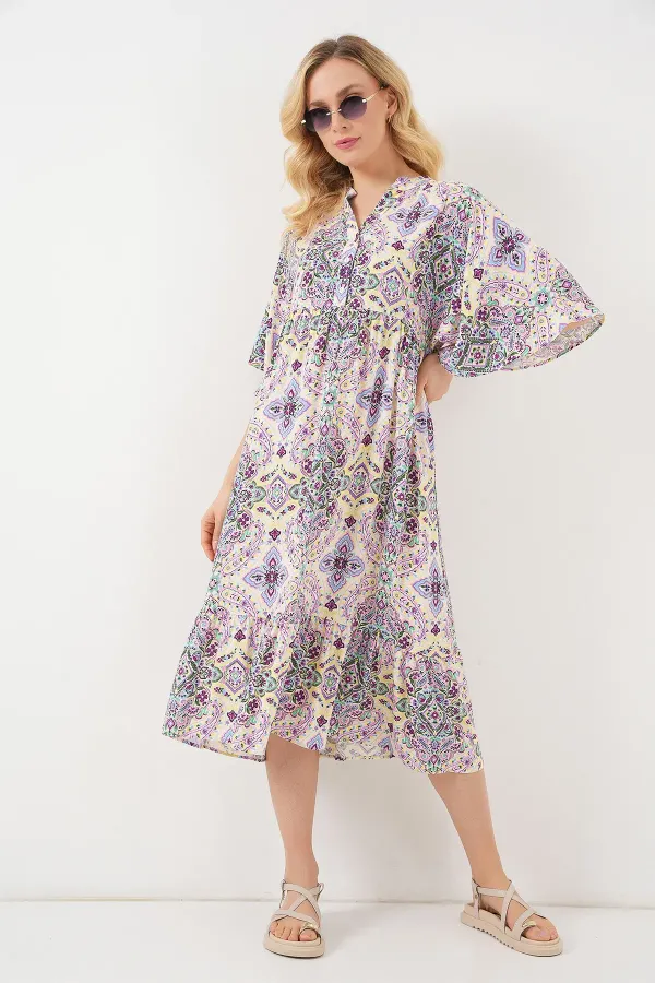 Kadın Desenli Kısa Kol Elbise 2562 - Bordo