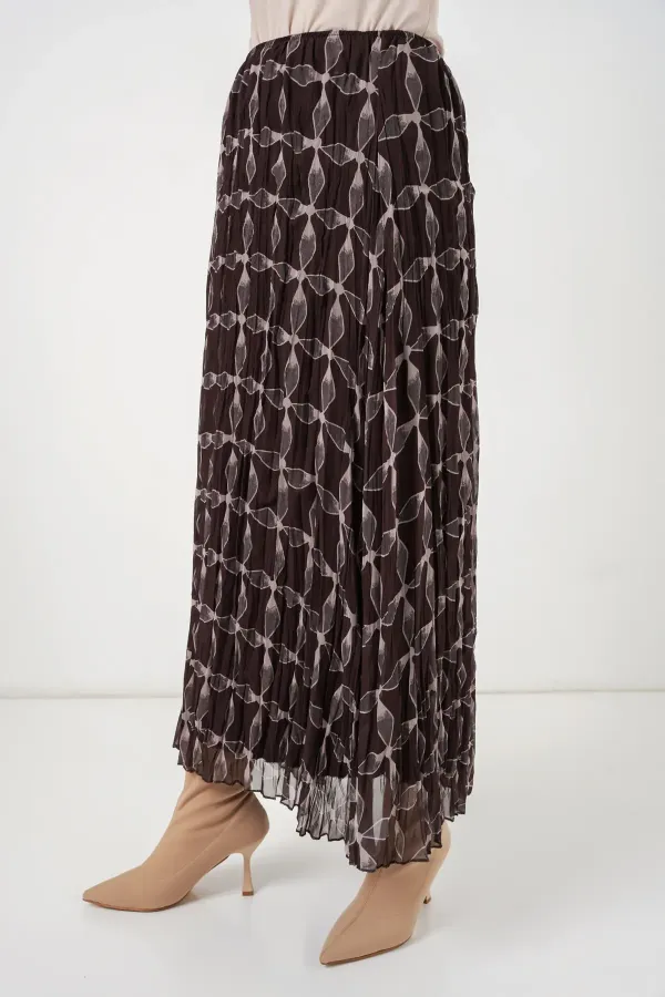 Kadın Desenli Astarlı Şifon Etek 8058 - Kahverengi