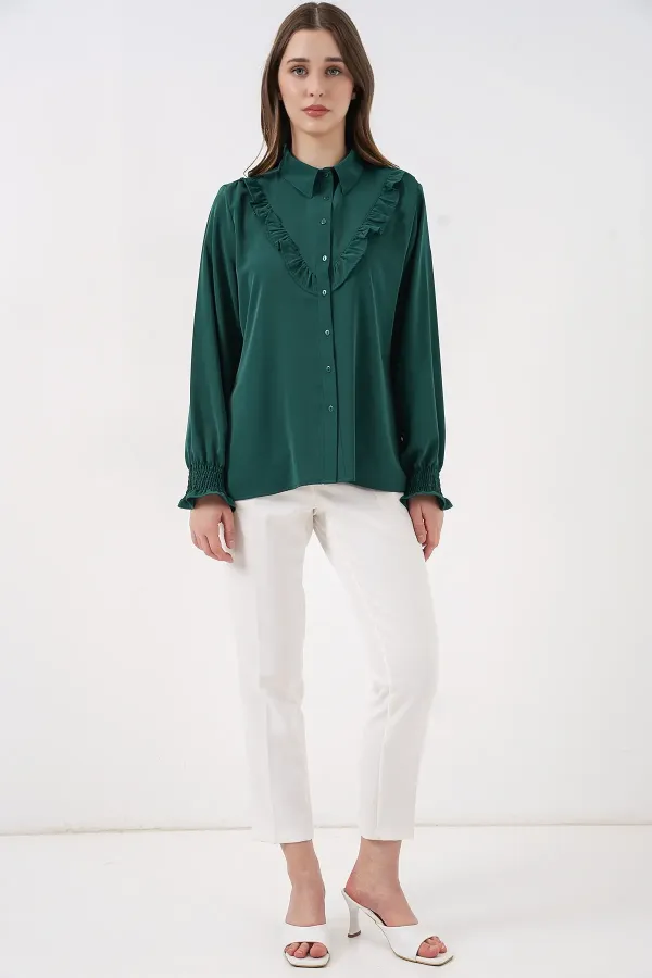 20223 Fırfırlı Uzun Kol Gömlek - Zümrüt Yeşili