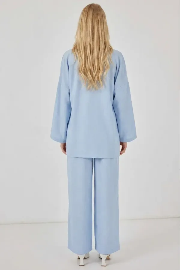 Kadın Açık Mavi Keten Bağlama Detaylı Kimono Pantolon İkili Takım HZL26S-BD167271