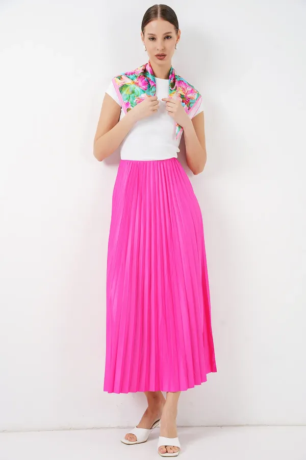 8009 Deri Görünümlü Piliseli Etek - Fuşya