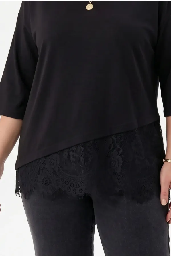 Women's Black Plus Size Crew Neck Short Sleeve T-Shirt with Tulle Detail HZL26S-ZSS19521 Women's Black Plus Size Crew Neck Short Sleeve T-Shirt with Tulle Detail HZL26S-ZSS19521