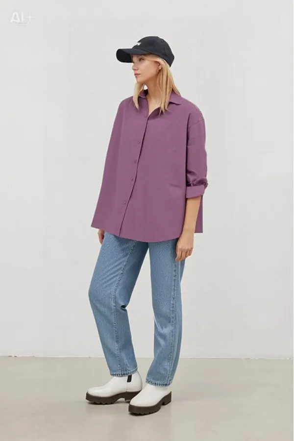 Kadın Koyu Lila Oversize Uzun Basic Gömlek HZL22W-BD139001