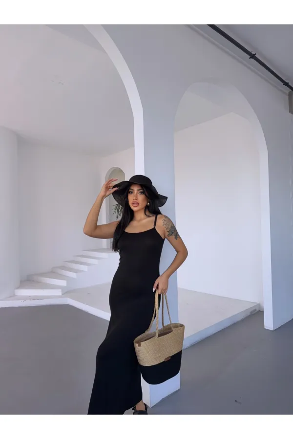 Kadın Siyah Ayarlanabilir Askılı Midi Boy Elbise HZL25S-FRY122921