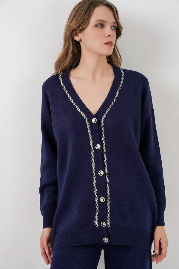 Ensemble deux pièces pour femme : cardigan, pantalon et pull, réf. 15956 - Bleu marine