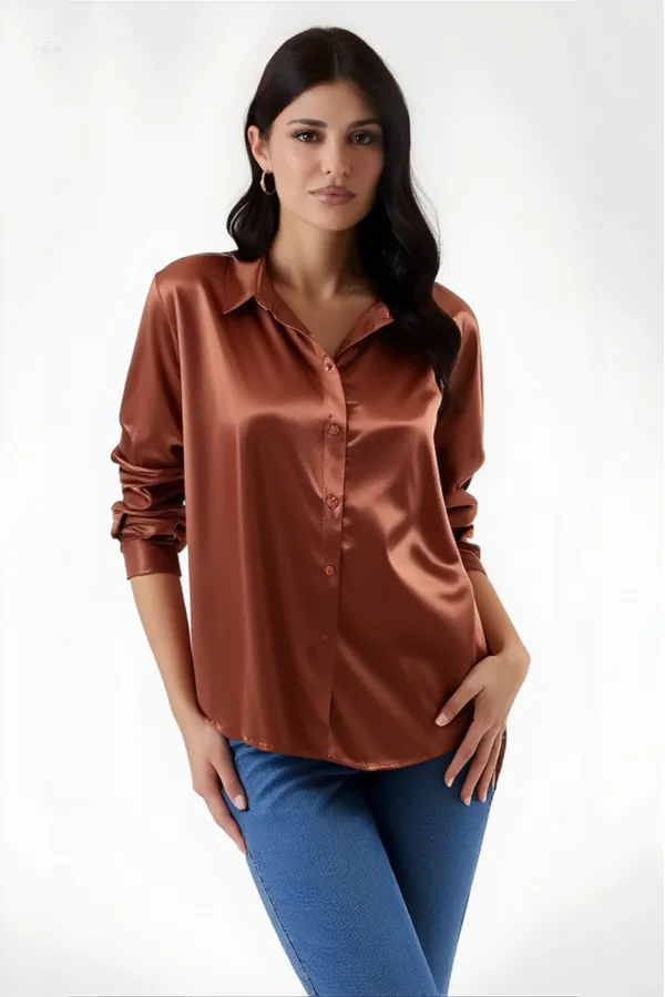Kadın Bakır Hafif Dökümlü Saten Yüzeyli Gömlek Hzl22w-bd139641