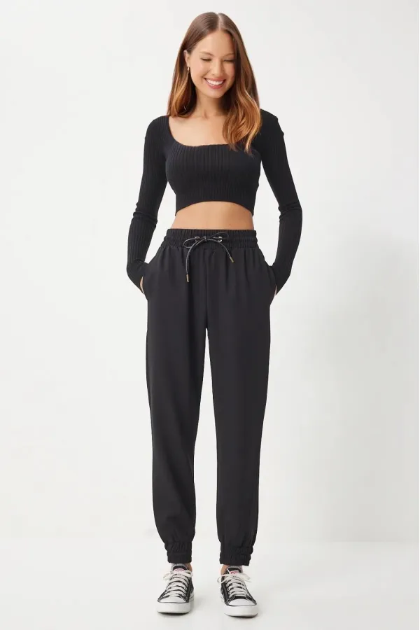 Kadın Siyah Cepli Kordon Kemerli Jogger Eşofman Pantolon HZL25W-BD166741