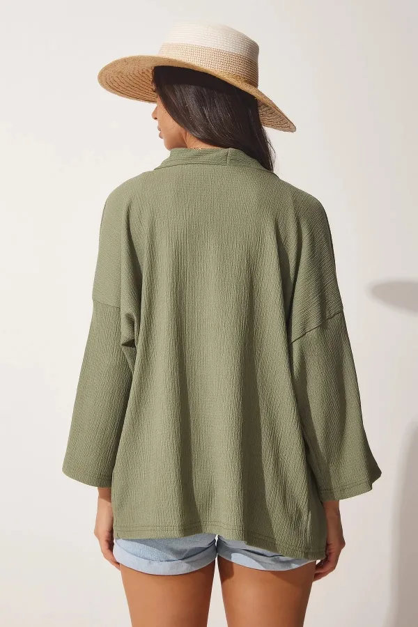 Veste texturée saisonnière kaki à col rabattu et ouverture sur le devant pour femme HZL22S-BD158621