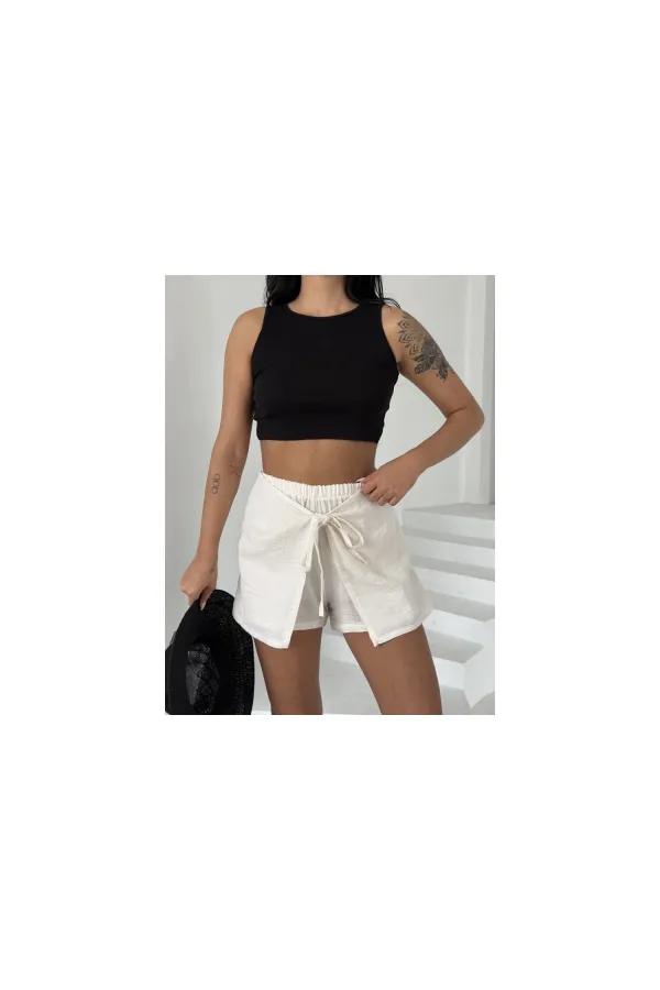 Kadın Açık Krem Bağlama Detay Müslin Şort HZL25S-DSB2323