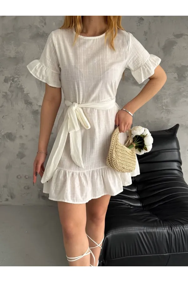 Kadın Beyaz Beli Kuşaklı Kolu Fırfırlı İthal Keten Elbise HZL24S-FRY121891