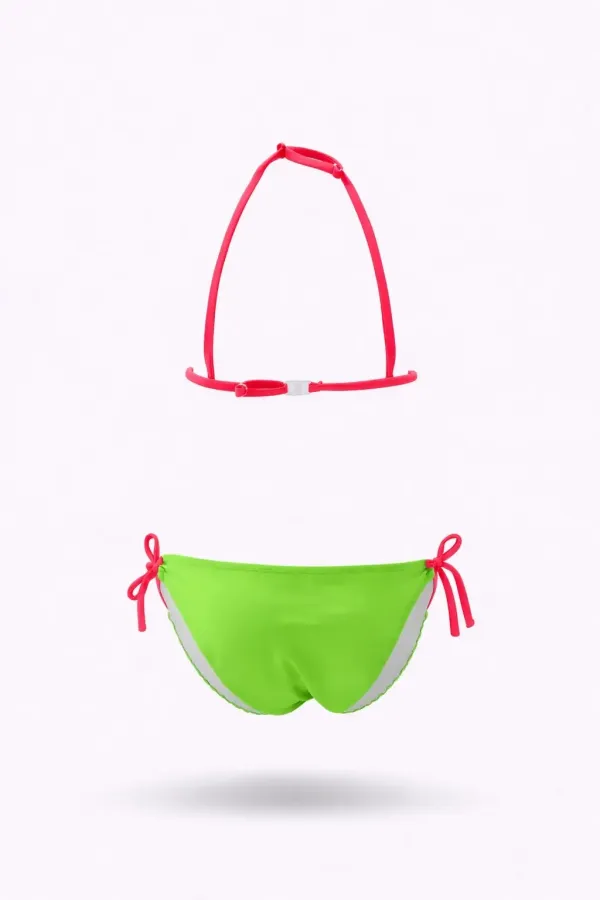 Kız Çocuk Pembe Yeşil Flamingo Glow Desenli 6-14 Yaş Üçgen Bikini Takım HZL26S-LC19018