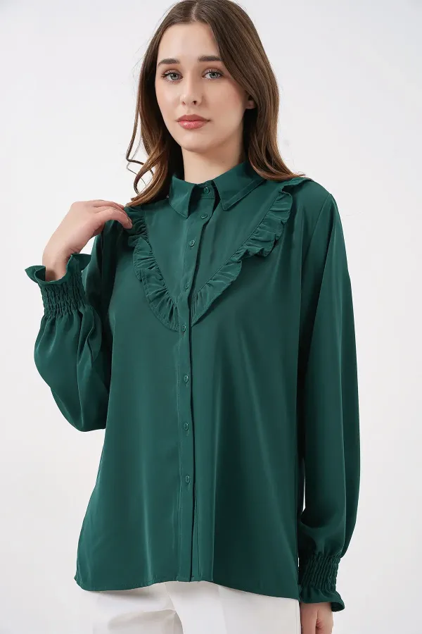 20223 Fırfırlı Uzun Kol Gömlek - Zümrüt Yeşili