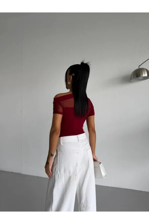 Kadın Bordo Tek Omuz Transparan Tül Detaylı Şık Sandy Bluz HZL26S-FRY123871