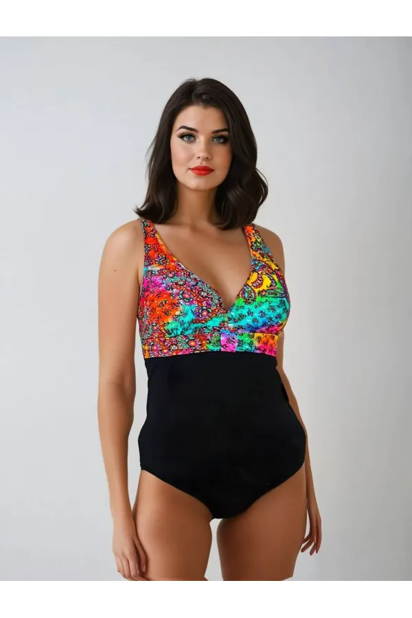 Women's Black Multicolored V-Neck Swim Trunks HZL25S-LC4008