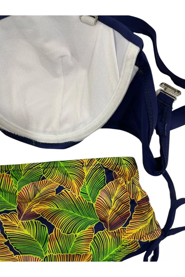 Kadın Lacivert Yaprak Desenli Taş İşlemeli Astarlı Bikini Takım HZL25S-LC3305