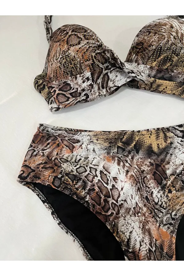 Kadın Kahverengi Leopar Desenli Astarlı Büyük Beden Bikini Takımı HZL25S-LC25006